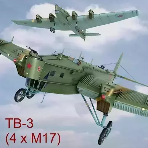 TB-3 russian biplane with propellers flying in sky 3D model