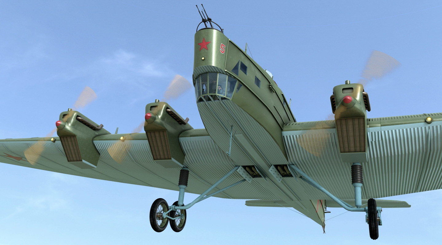 TB-3 russian biplane with propellers flying in sky 3D model_5