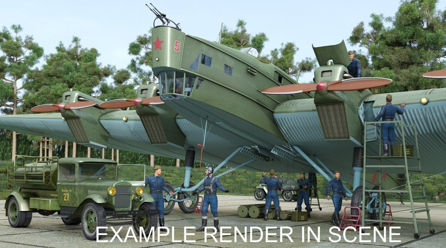 TB-3 russian biplane with propellers flying in sky 3D model_17