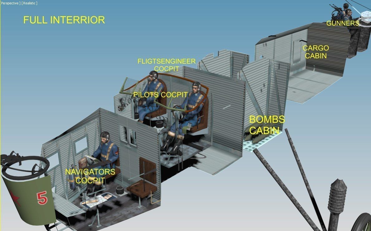 TB-3 russian biplane with propellers flying in sky 3D model_6