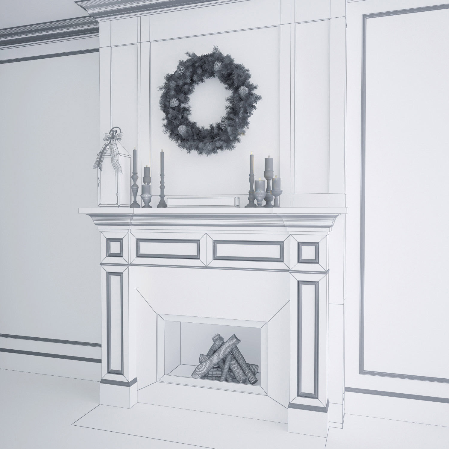 Fireplace 1 christmas wreath animation 3D model_3