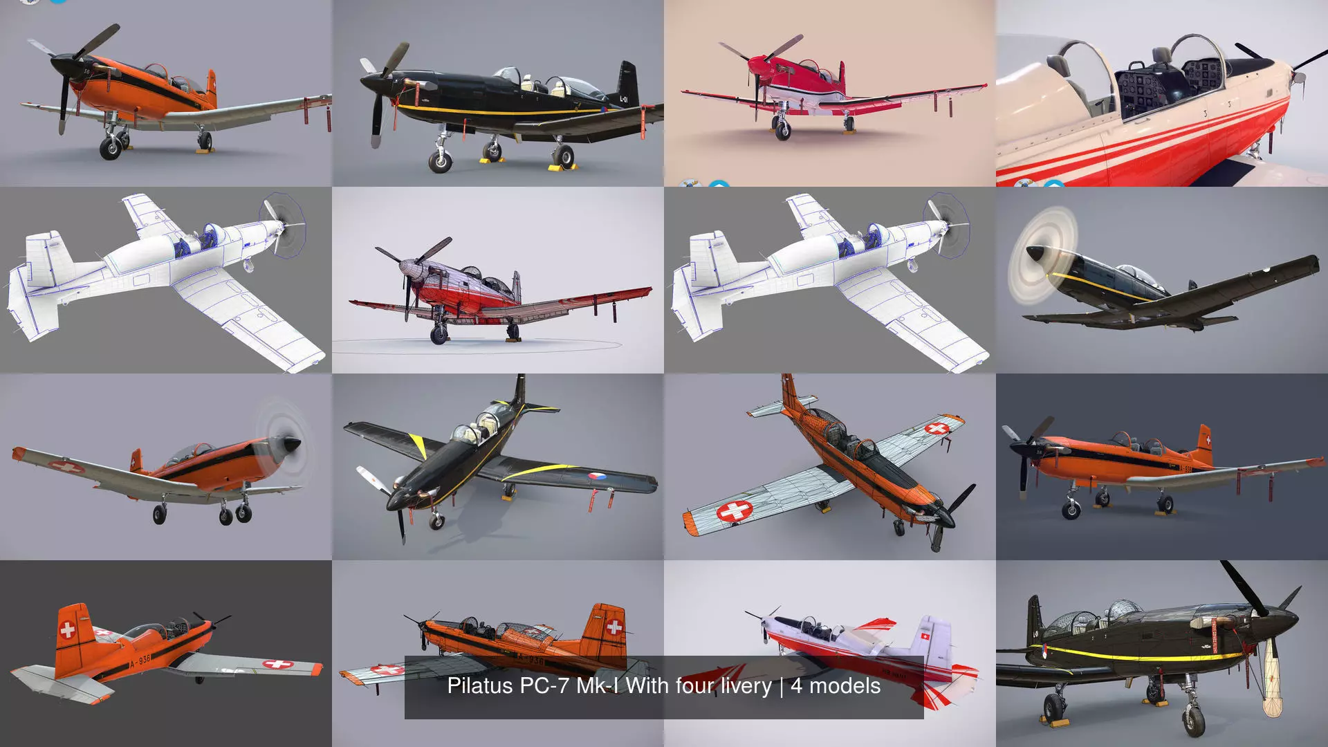 Pilatus PC-7 Mk-I With four livery 3D Model Pack