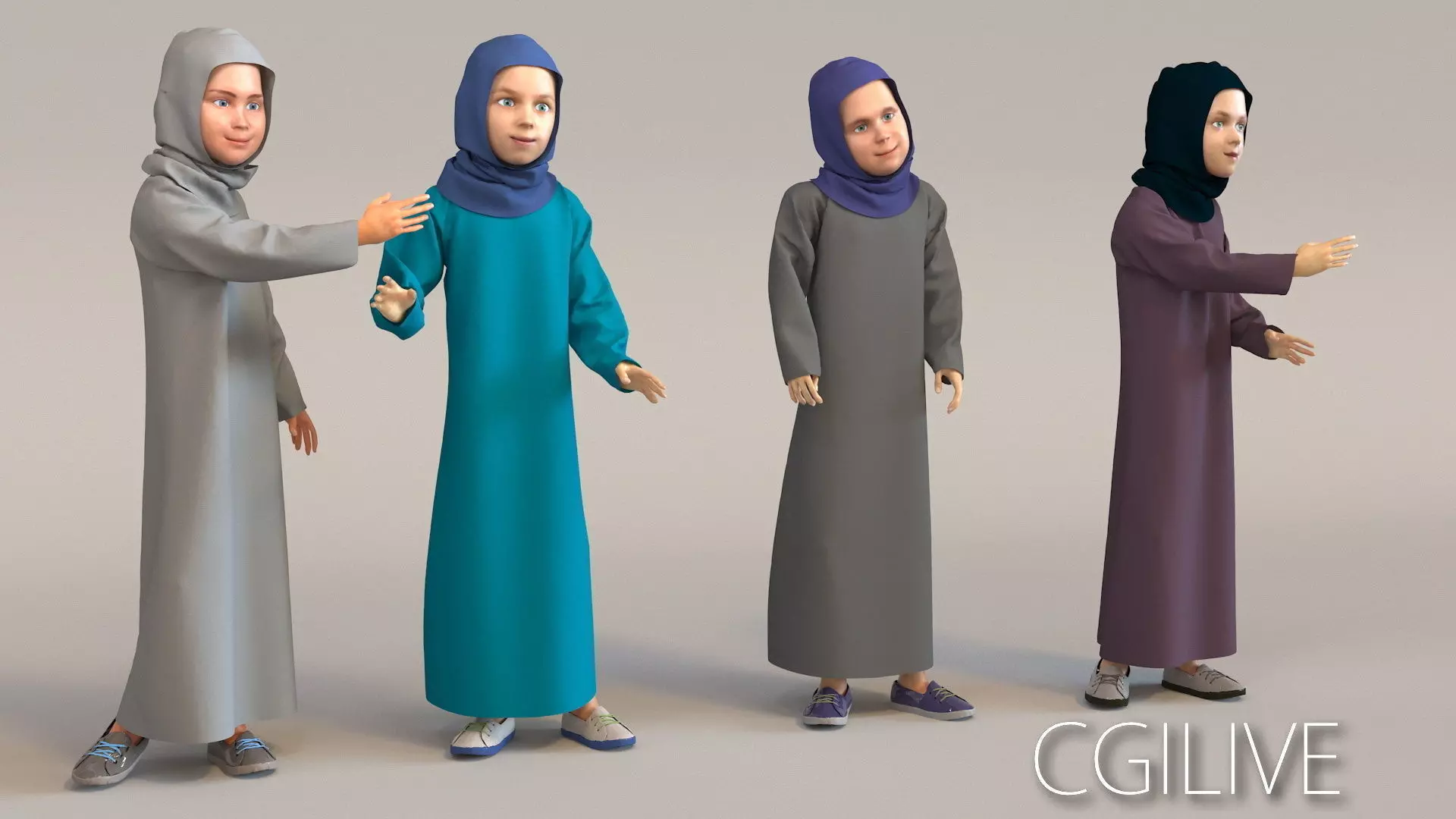 4x Arabic real cloth simulation loop animated girls 3D model