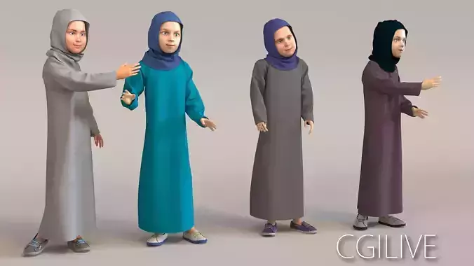 4x Arabic real cloth simulation loop animated girls 3D model