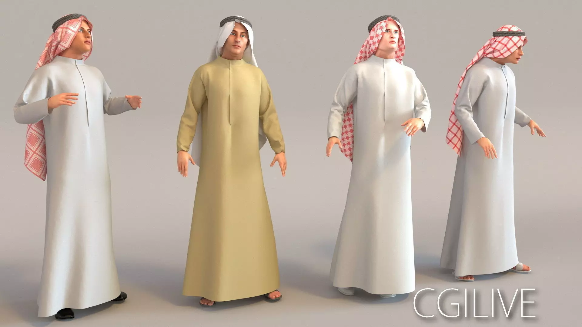 4x Arabic real cloth simulation loop animated men 3D model