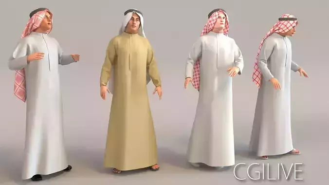 4x Arabic real cloth simulation loop animated men 3D model
