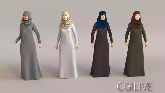 4x Arabic real cloth simulation loop animated woman 3D model