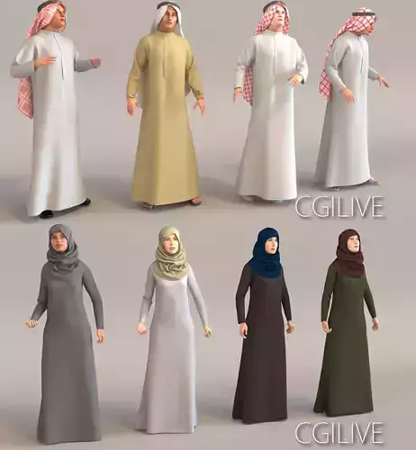8x Arabic people real cloth simulation animated man and woman 3D Model Collection