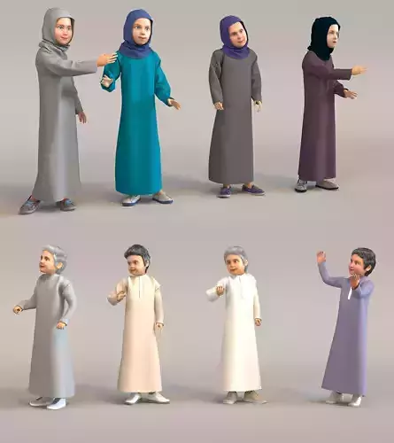 8x Arabic people real cloth simulation animated boys and girls 3D Model Collection