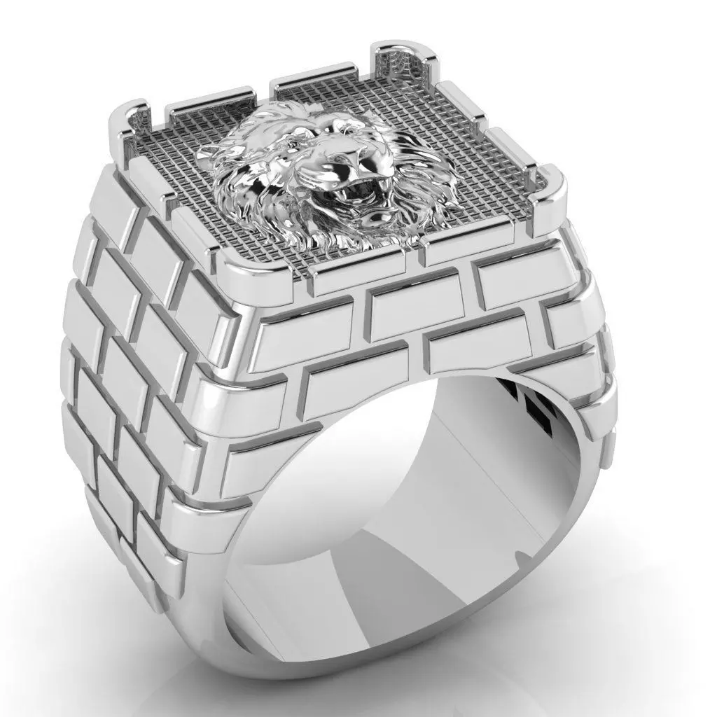 Male signet ring castle design with lion head 3D print model