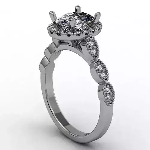 Oval halo engagement ring with marquise shape elements on shank