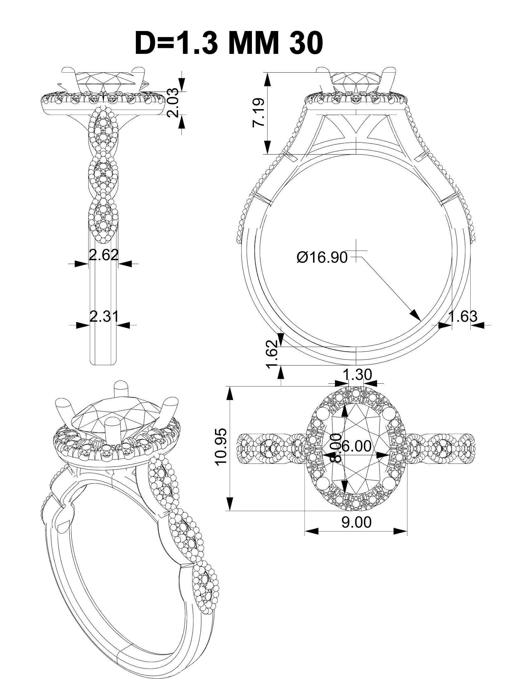 Oval halo engagement ring with marquise shape elements on shank 3D print model_4