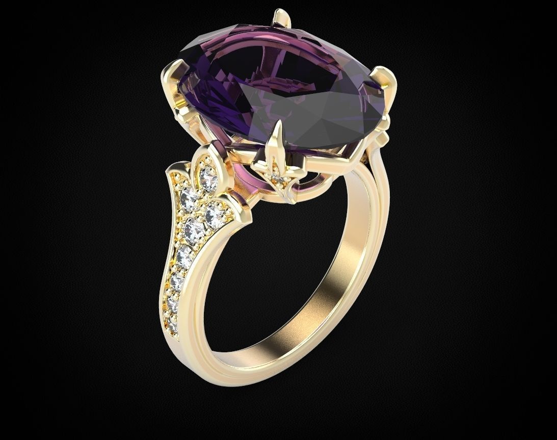 Stylish ring with lilies and diamonds 450 3D print model_1