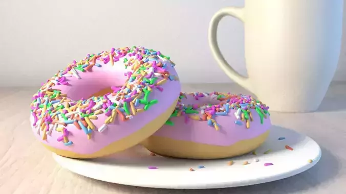 doughnut two donuts on plate with cup of coffee 3D model