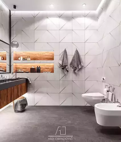 Bathroom modern with tile and wooden accents