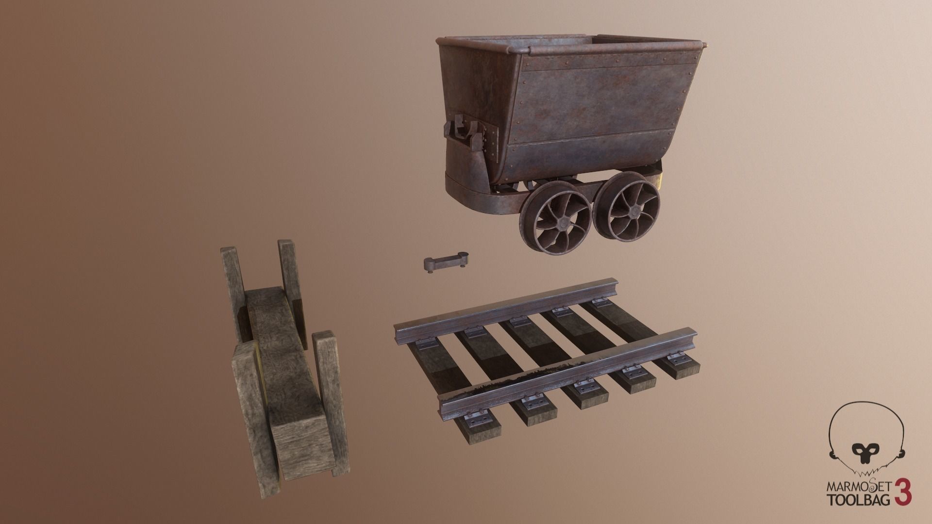 Western - Mining Cart with Railway Low-poly 3D model_5