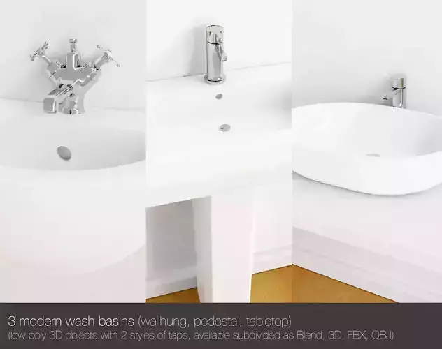 3 Modern wash basins - wallhung pedestal and tabletop sinks Low-poly 3D model