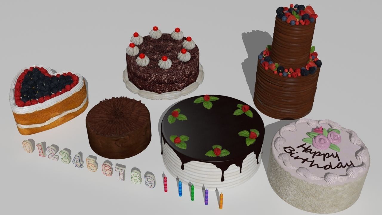 6 cakes birthday cake with candles 3D model_4
