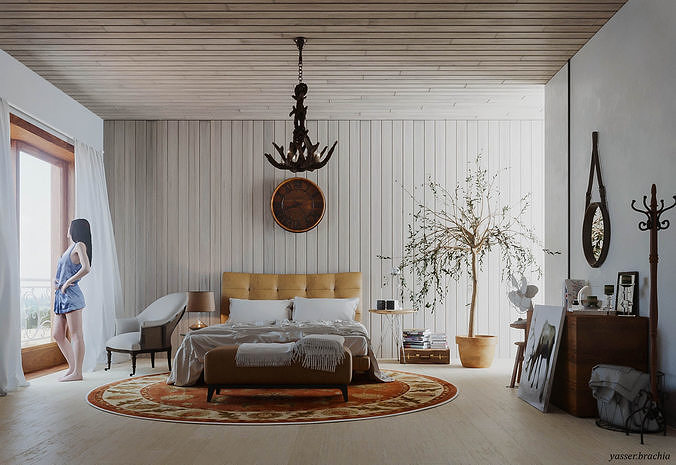 bedroom with wooden floor and ornate rug 3D model
