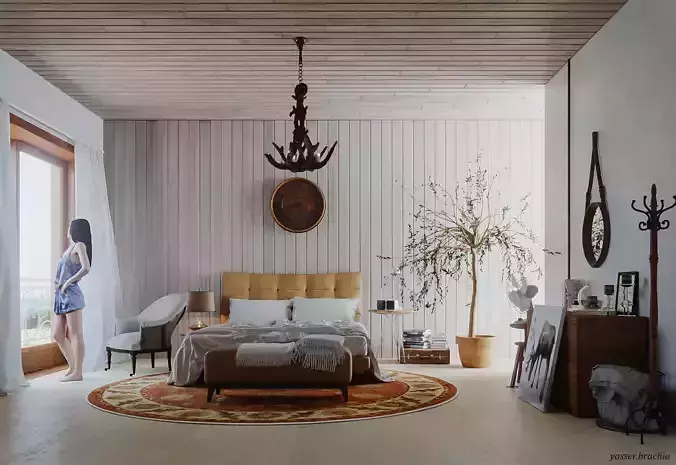 bedroom with wooden floor and ornate rug 3D model