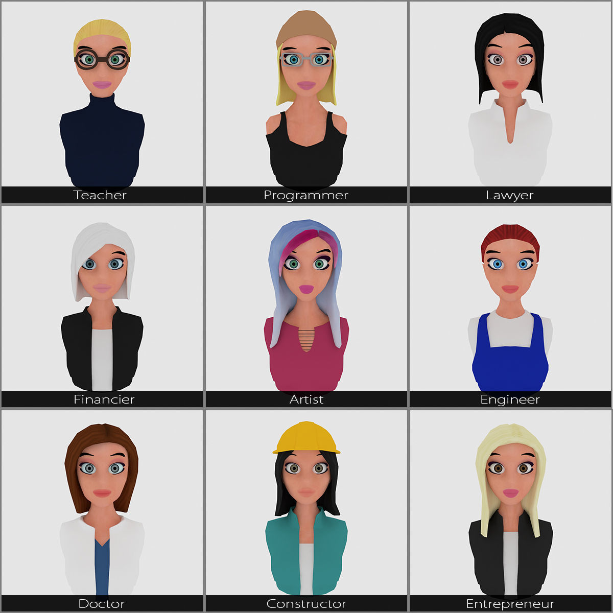 Nine VR female character avatars Low-poly 3D model_8