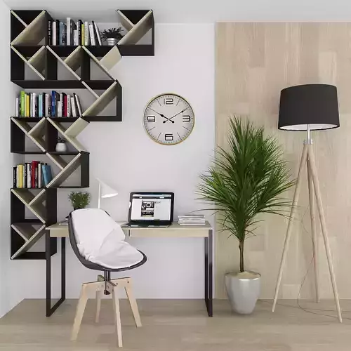 Workplace home office with bookshelves Low-poly 3D model