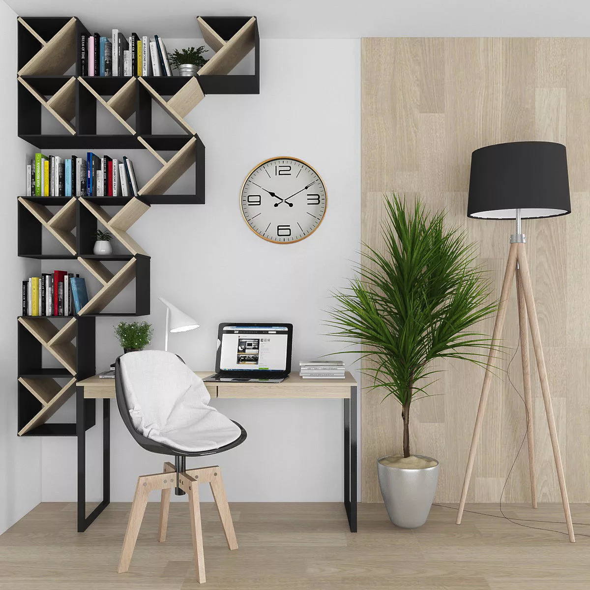 Workplace home office with bookshelves Low-poly 3D model