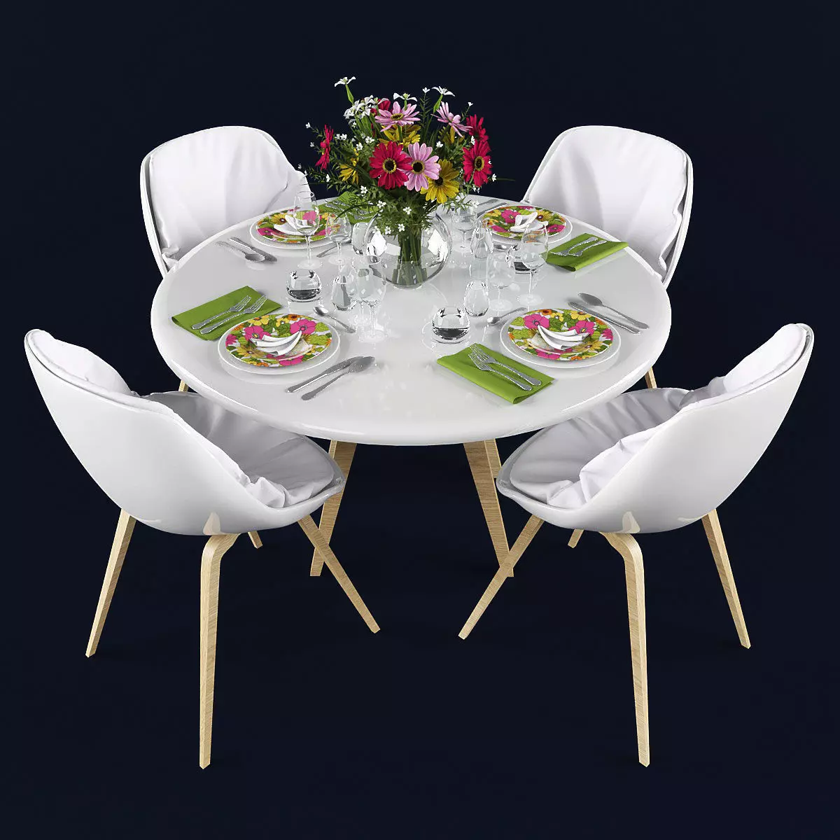 Dining table and chairs  Low-poly 3D model_0
