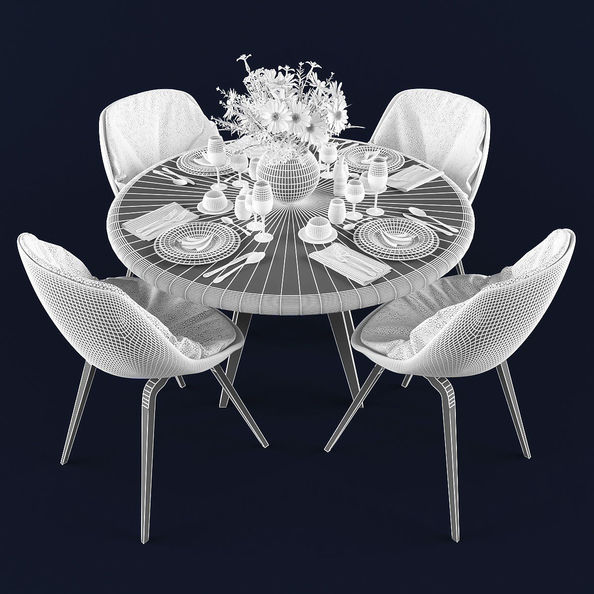 Dining table and chairs  Low-poly 3D model_2