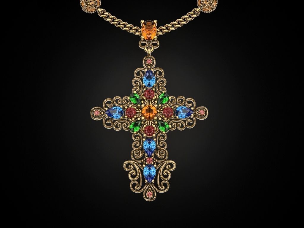 Cross with multicolored gems 3D print model_8