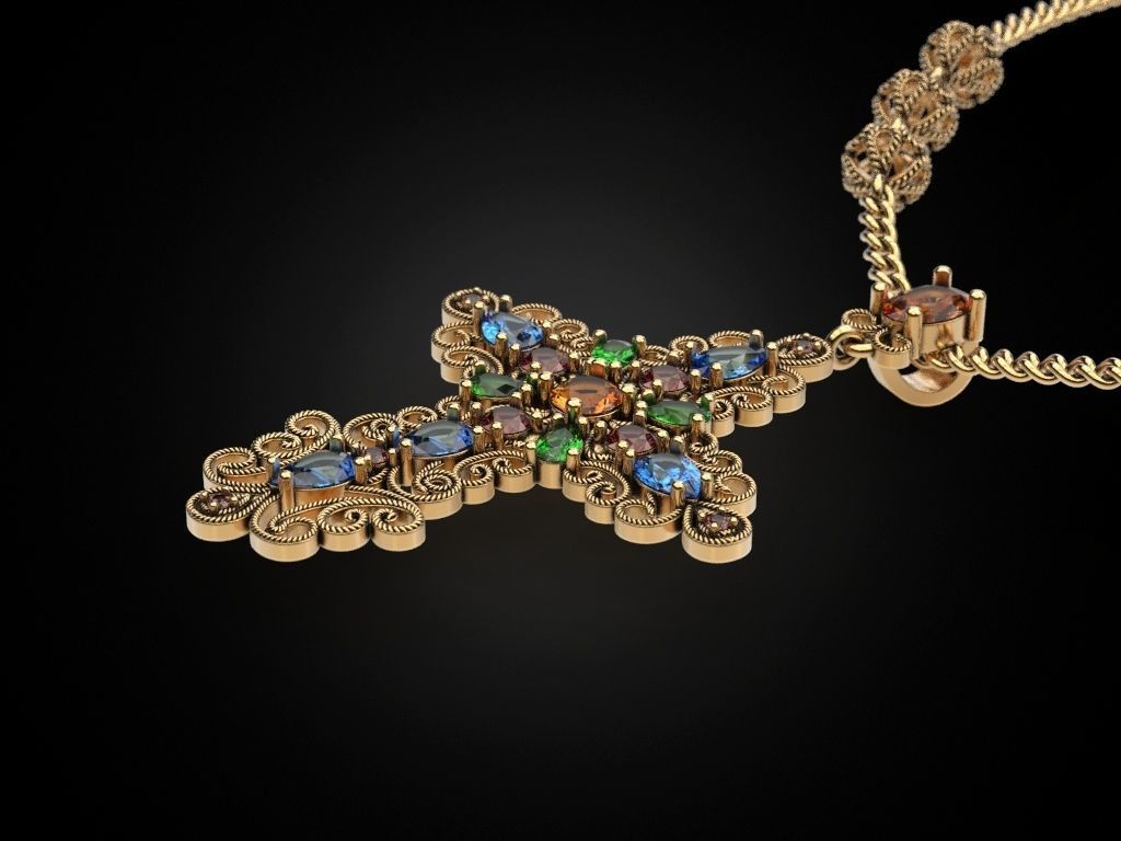 Cross with multicolored gems 3D print model_10