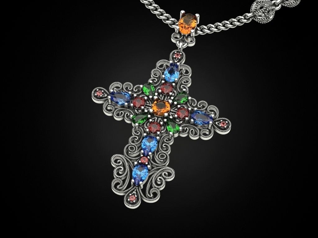 Cross with multicolored gems 3D print model_5