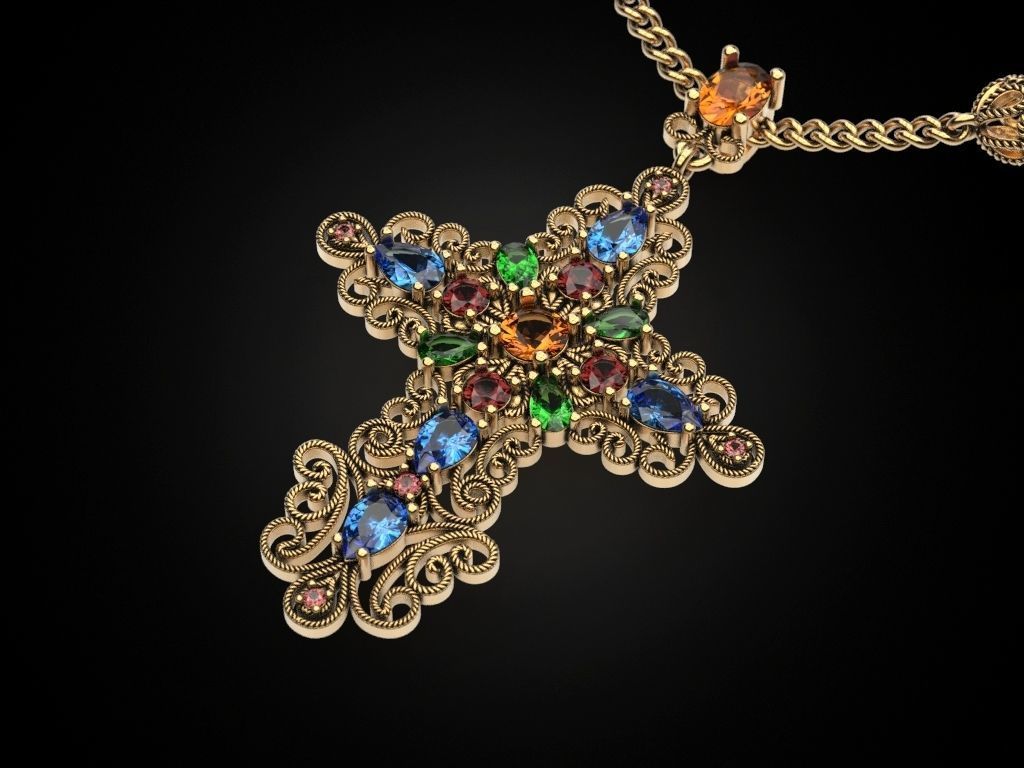 Cross with multicolored gems 3D print model_9