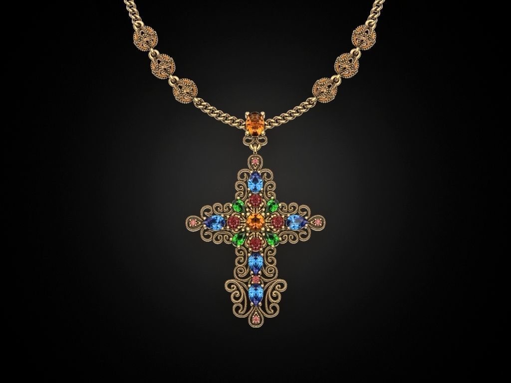 Cross with multicolored gems 3D print model_7