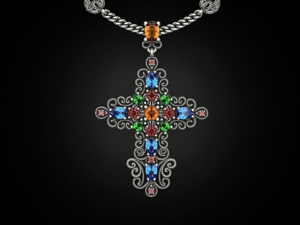 Cross with multicolored gems 3D print model_6
