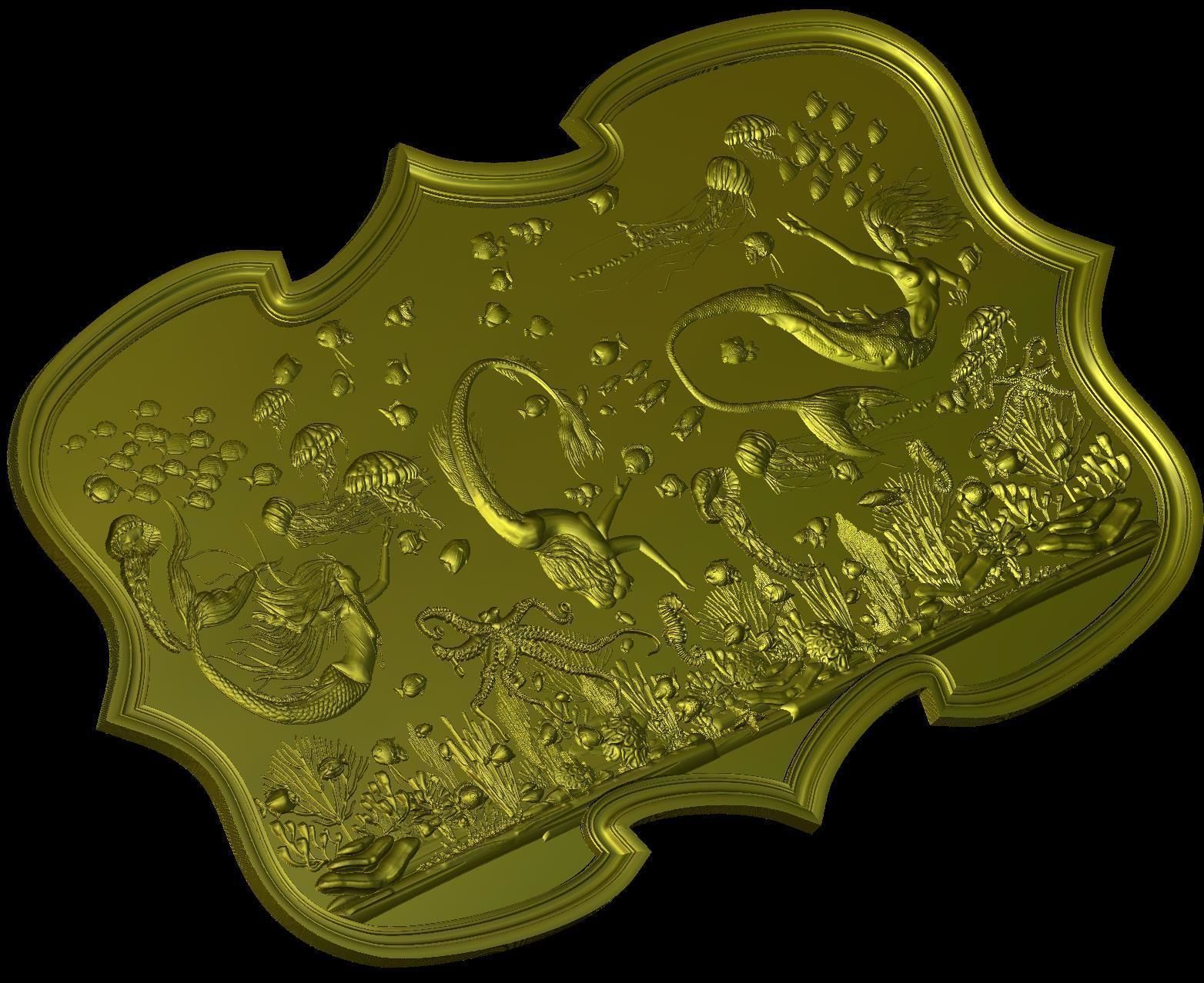 Aquatic Mermaid Theme Panno v2 STL for CNC Relief engraving  3D model_7