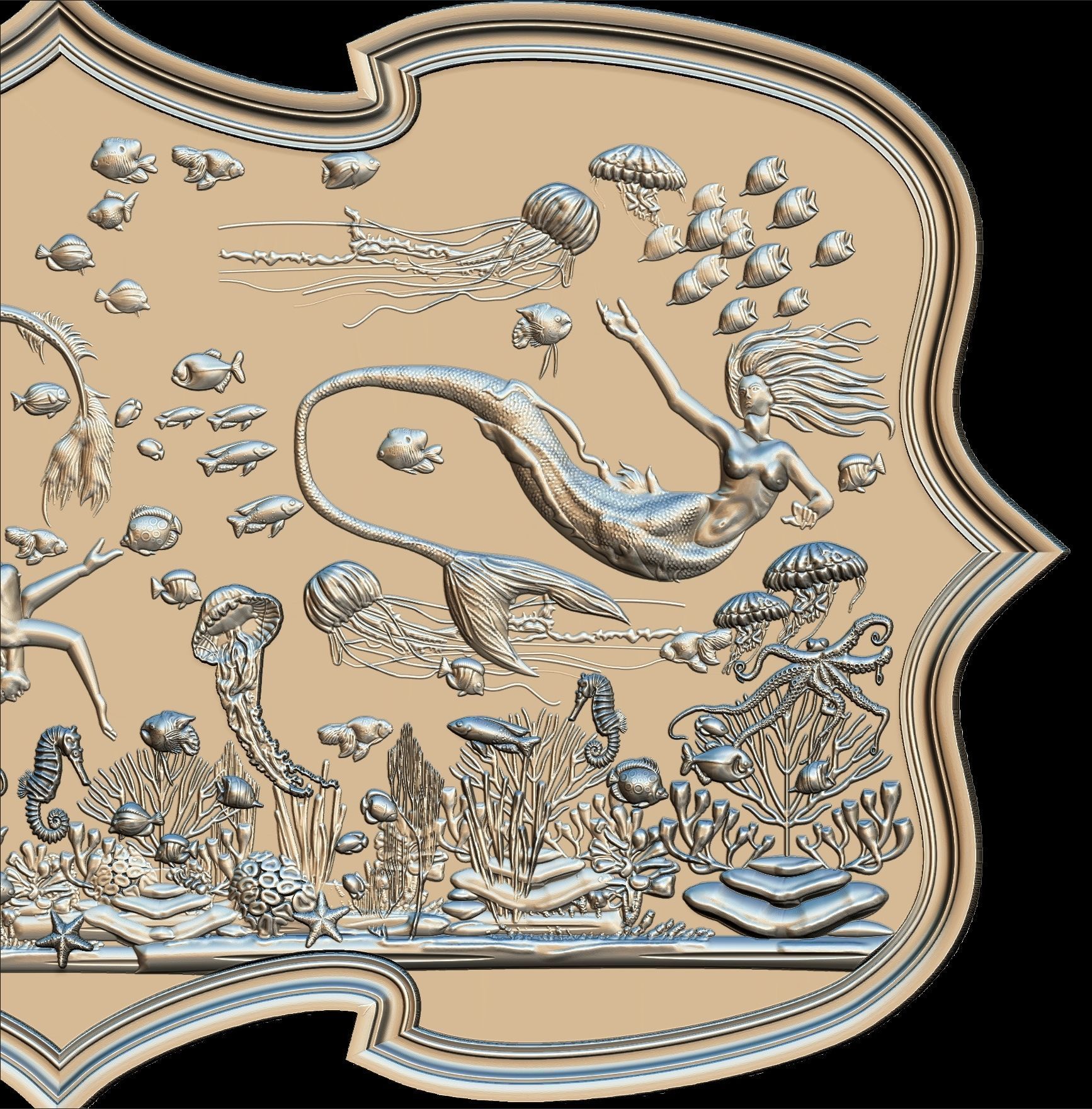 Aquatic Mermaid Theme Panno v2 STL for CNC Relief engraving  3D model_19