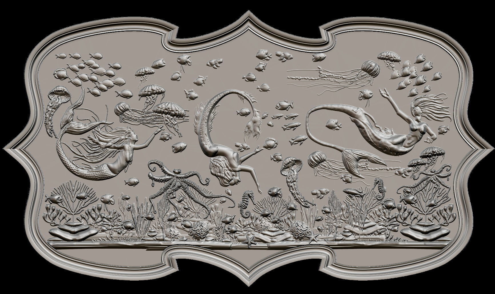 Aquatic Mermaid Theme Panno v2 STL for CNC Relief engraving  3D model_2