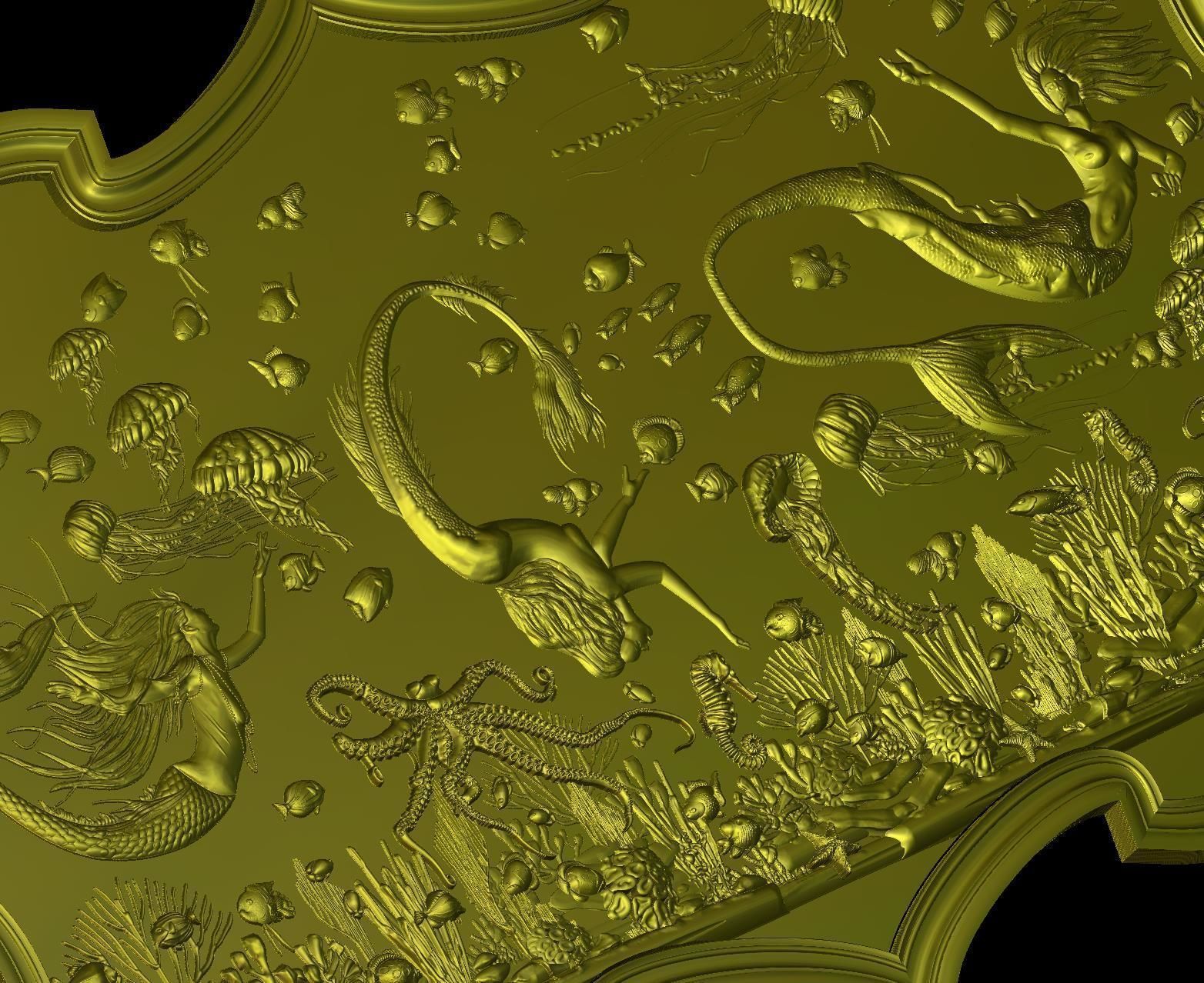 Aquatic Mermaid Theme Panno v2 STL for CNC Relief engraving  3D model_6