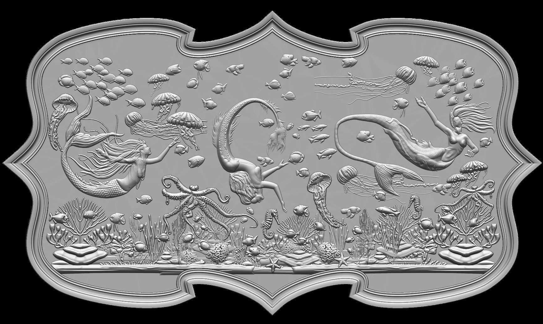 Aquatic Mermaid Theme Panno v2 STL for CNC Relief engraving  3D model_16