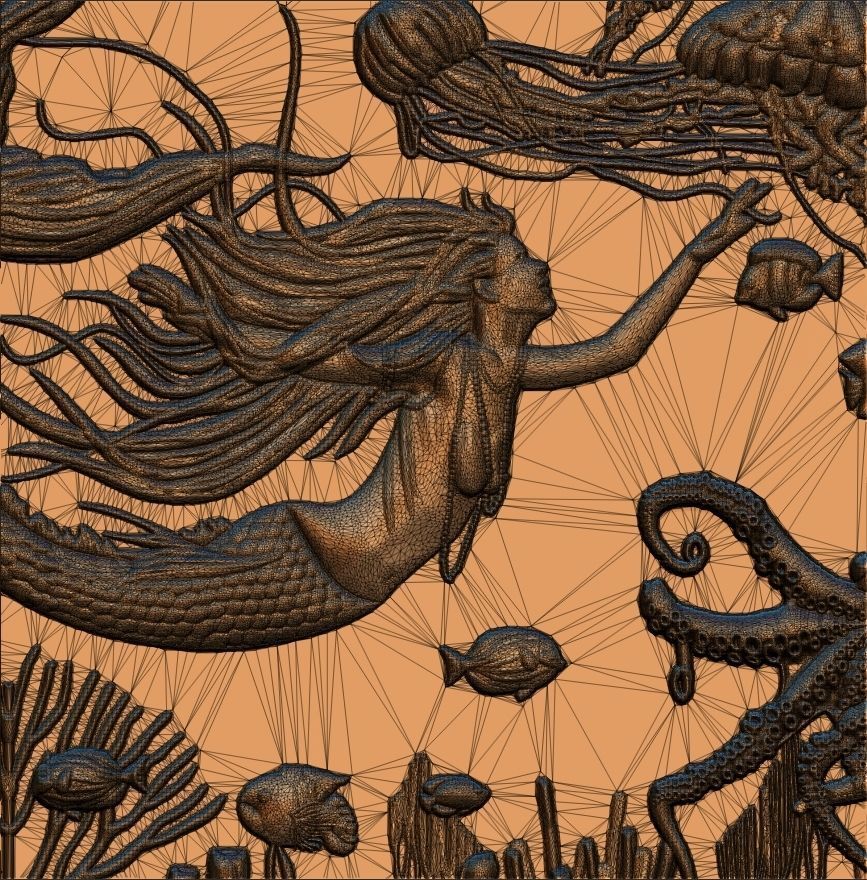 Aquatic Mermaid Theme Panno v2 STL for CNC Relief engraving  3D model_9