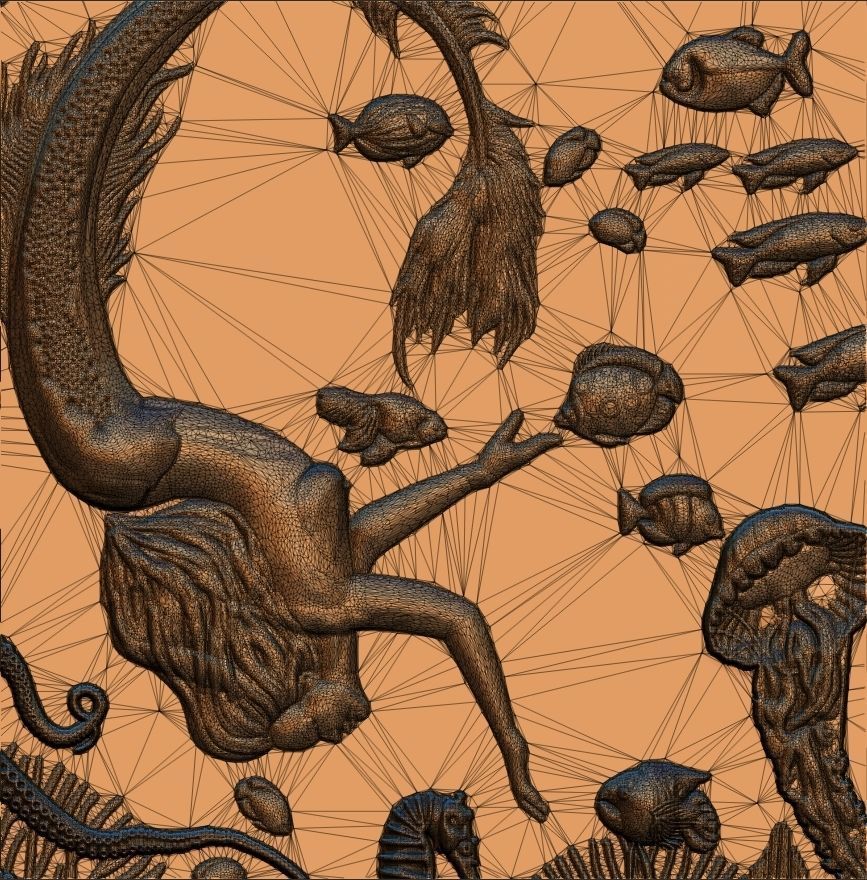 Aquatic Mermaid Theme Panno v2 STL for CNC Relief engraving  3D model_8