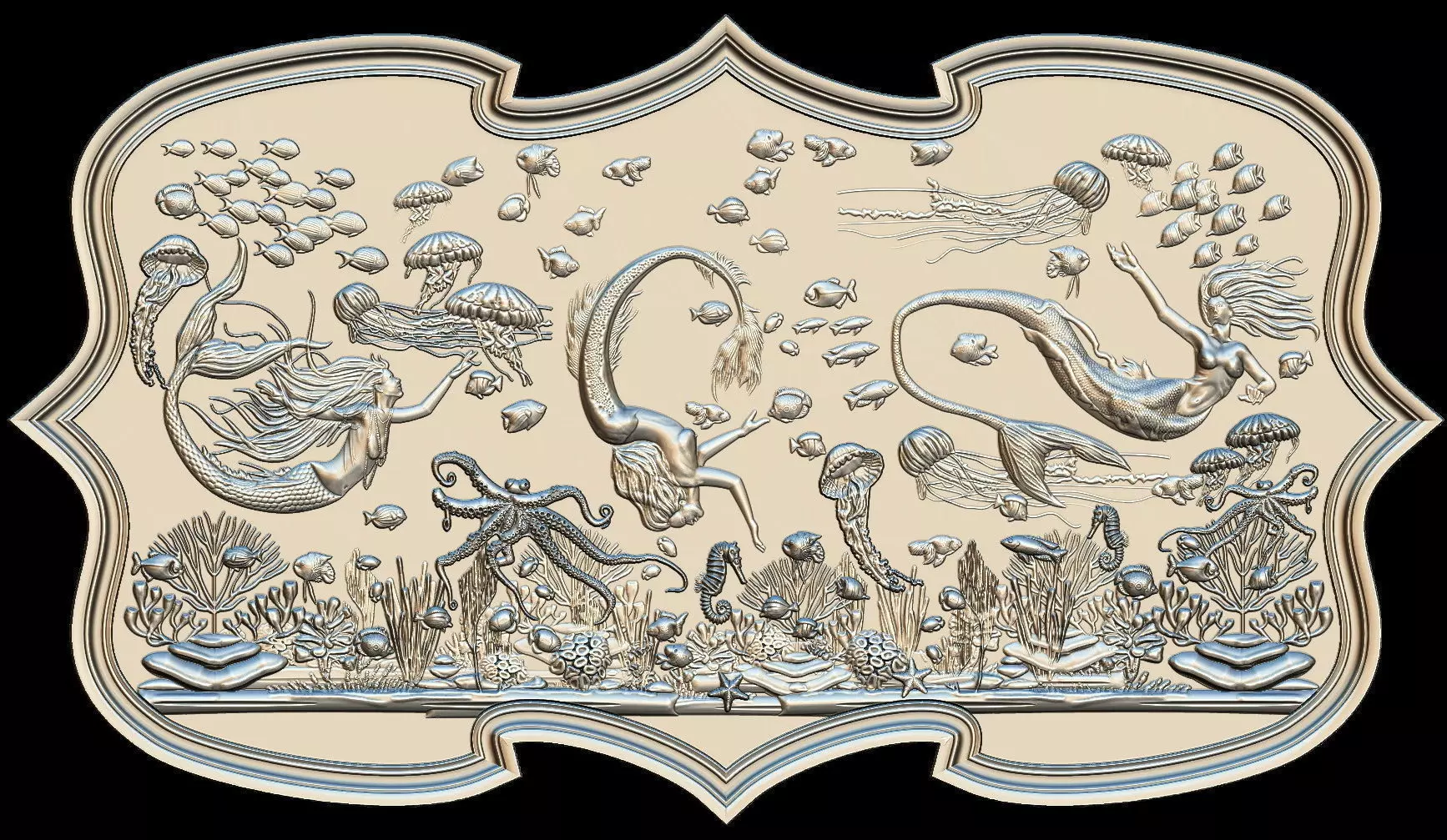 Aquatic Mermaid Theme Panno v2 STL for CNC Relief engraving  3D model_0