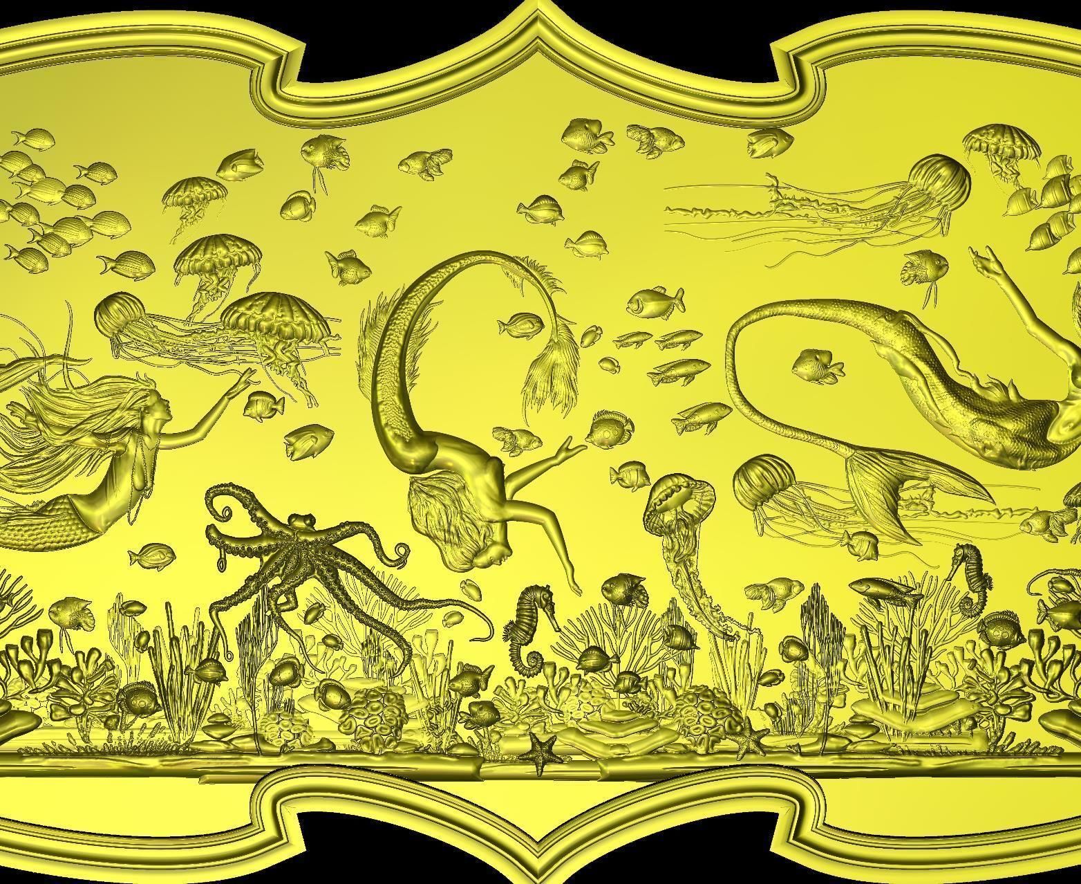 Aquatic Mermaid Theme Panno v2 STL for CNC Relief engraving  3D model_5