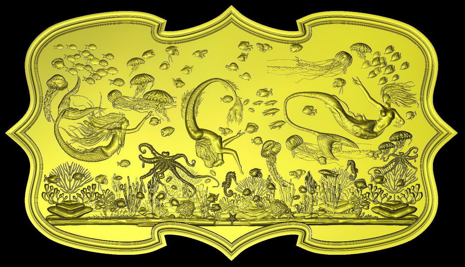 Aquatic Mermaid Theme Panno v2 STL for CNC Relief engraving  3D model_4