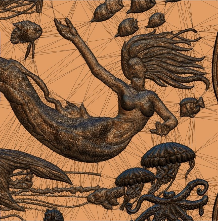 Aquatic Mermaid Theme Panno v2 STL for CNC Relief engraving  3D model_10