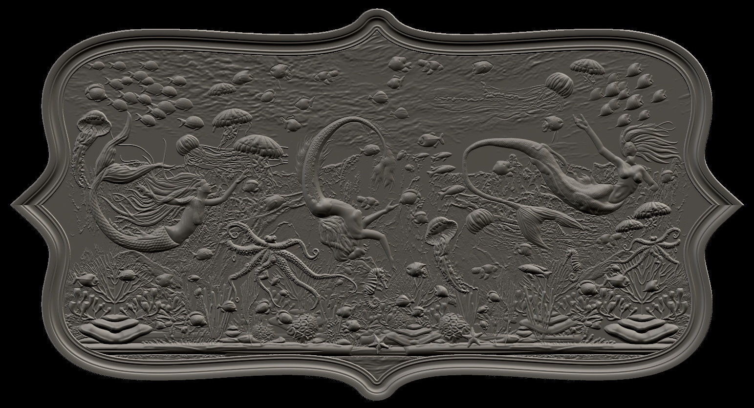 Aquatic Mermaid Theme Panno v3 for CNC Relief engraving 3D model_16