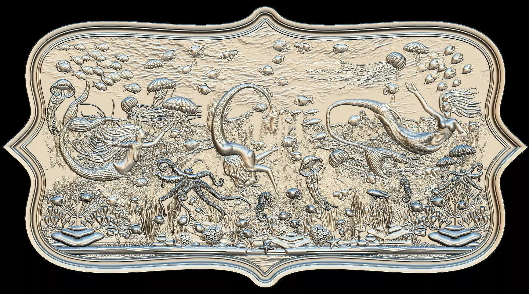 Aquatic Mermaid Theme Panno v3 for CNC Relief engraving 3D model_0