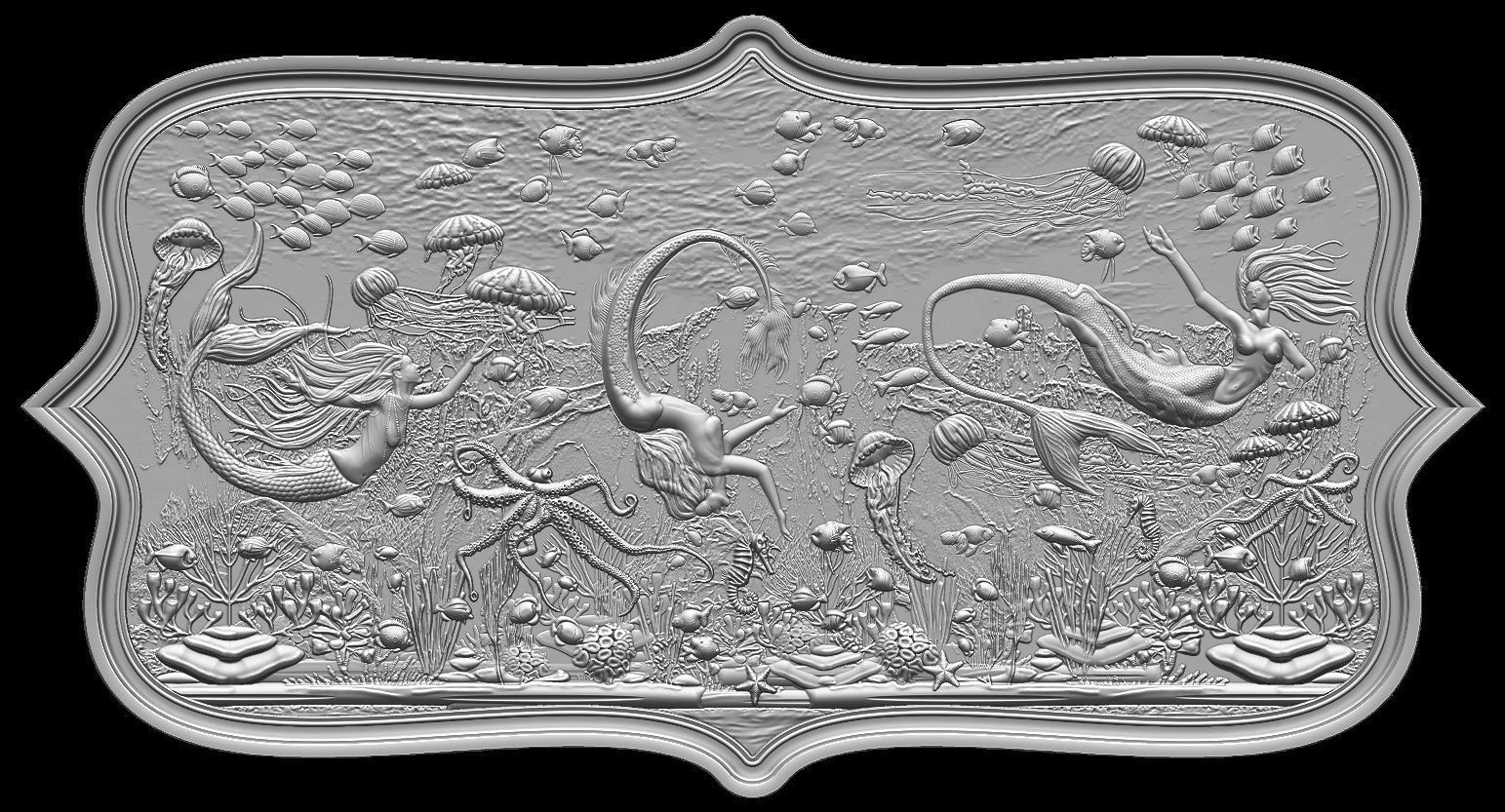 Aquatic Mermaid Theme Panno v3 for CNC Relief engraving 3D model_15
