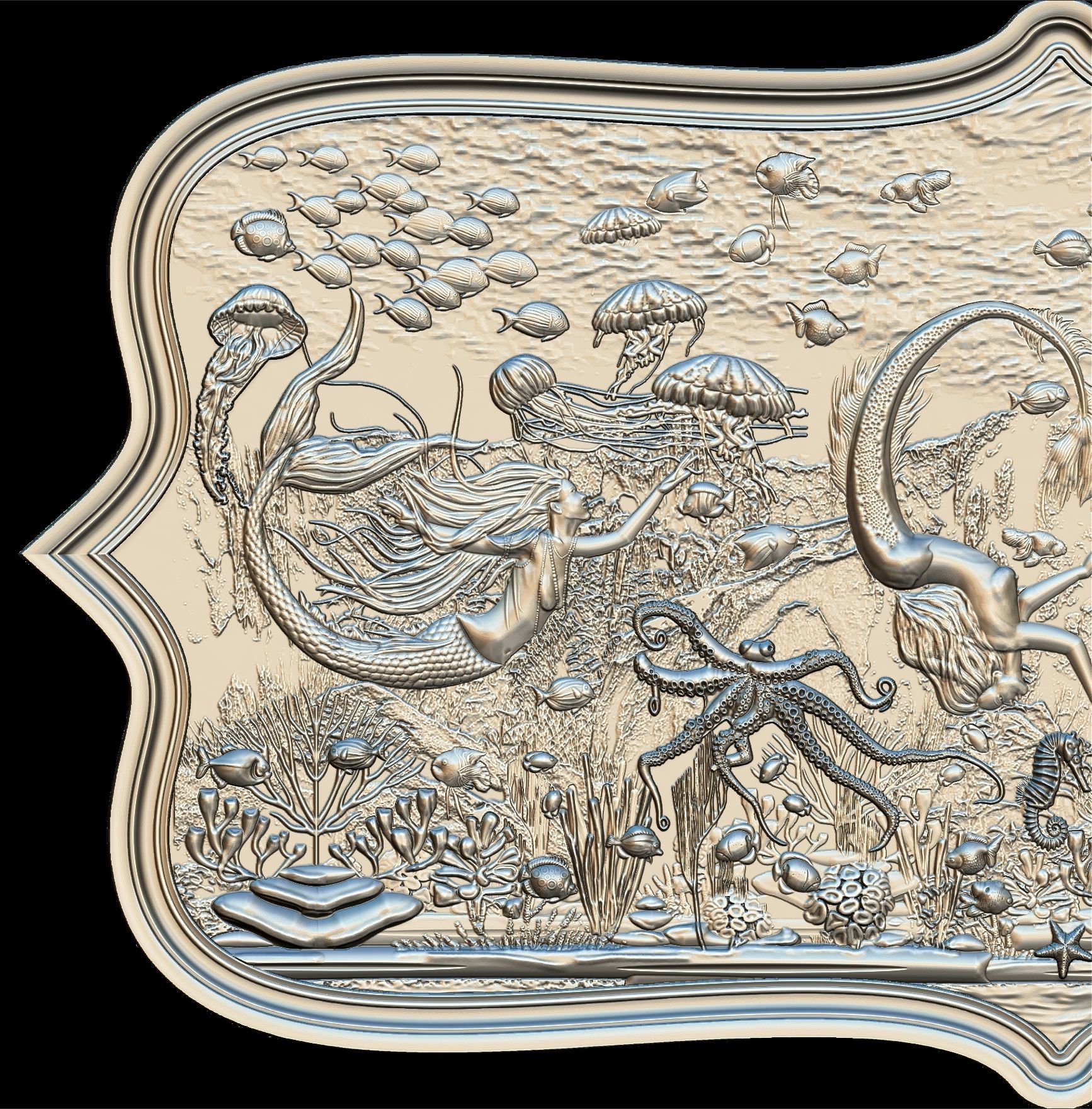 Aquatic Mermaid Theme Panno v3 for CNC Relief engraving 3D model_18